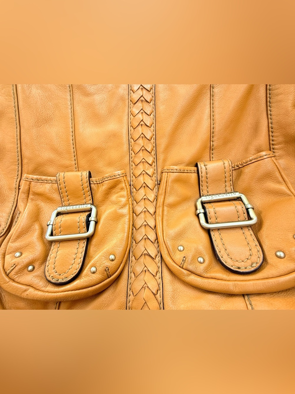 Tignanello Cognac Leather Hobo Shoulder Bag Braided Trim Utility Pocket Purse - Picture 7 of 10